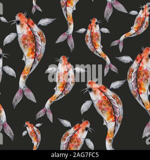 Acquerello rainbow carpe koi su uno sfondo bianco. Isolati disegnati a mano i pesci. Fauna subacquea illustrazione in tradizionale stile giapponese Foto Stock