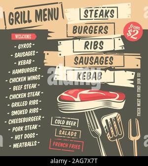 Menu Grill creative design artistici con grafica di cibo. Il menu del ristorante modello. Bistecche e hamburger, del kebab, nervature, salsicce illustrazione vettoriale. Illustrazione Vettoriale