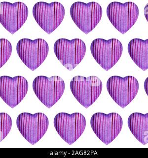 Modello senza cuciture con acquarello cuori. Gara cuori viola con Grana carta rettilineo con linee viola su uno sfondo bianco. Per quanto riguarda Wedding invitat Foto Stock