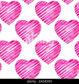 Modello senza cuciture con acquarello cuori. Offerta Cuori rosa con Grana carta con diagonale di linee bianche su sfondo bianco. Per l'invito a nozze Foto Stock