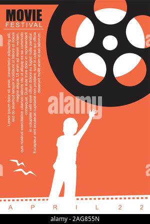 Film poster sfondo con bobina di pellicola e kid graphic. Cinema artistiche poster, flyer, Depliant, brochure o un annuncio di design. Illustrazione Vettoriale