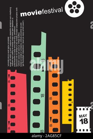 Skyline della città realizzato dalla striscia di pellicola gli elementi di design. Cinema poster Retrò design layout. Minimalista simbolico flyer per il film festival. Illustrazione Vettoriale