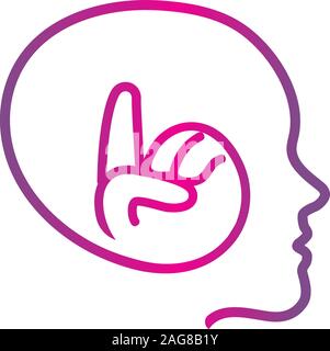 Isolate il vettore rosa testa umana logo silhouette. Indice dell'immagine. Cervello creativo. Intelligente persona simbolo. Uomo intelligente. Illustrazione delle cuffie Illustrazione Vettoriale