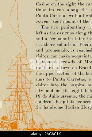 . Porti del mondo. Libro Guida. M" o 1ST T E V DEO lasciando il Parque Hotel e theCasino sulla destra la vettura dovrebbe con-tinue nella sua corsa lungo il fronte mare toPunta Carretas con un faro a theextreme punto del sud della costa. Il nuovo penitenziario è visto asinistra come la macchina corre lungo la Esplanadoand pochi minuti più tardi la riva fashionablesea sobborgo di Pocitos con hoteland promenado, è raggiunto. Qui thevisitor può fare conoscenza con thefashionable folle di Montevideo. Arun torna in città sul Brasile Avenue posizionedi sezione superiore del boulevard, thatruns a Punta Carretas, Foto Stock