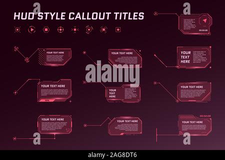 Titoli di callout futuristici HUD. Le barre delle frecce delle chiamate di informazioni e i moderni modelli di layout dei riquadri rossi delle informazioni digitali. Interfaccia utente e insieme di elementi GUI. Illustrazione vettoriale Illustrazione Vettoriale