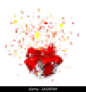 Realistico scatola regalo con fiocco rosso e coriandoli isolati su sfondo bianco. Illustrazione Vettoriale. Illustrazione Vettoriale