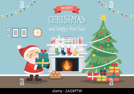 Babbo Natale con albero di Natale e regali. Interni decorati con camino. Carino illustrazione vettoriale in stile piatto Illustrazione Vettoriale