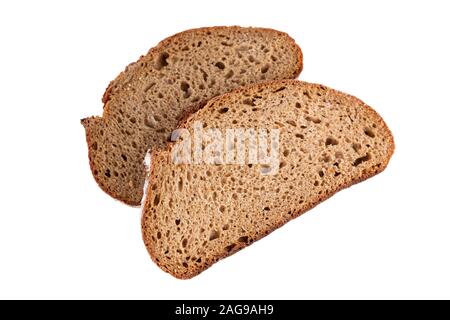 Due fette di pane di segale isolato tagliato fuori vista superiore Foto Stock