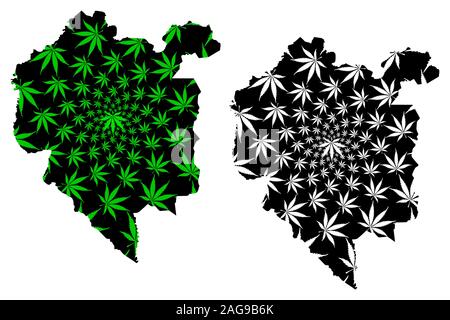 Distretto Denguele (Costa d Avorio, Repubblica di Cote dIvoire) mappa è progettato Cannabis leaf verde e nero, Denguele mappa fatta di marijuana (marihuana,THC Illustrazione Vettoriale