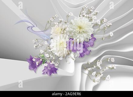3d sfondo astratto, crisantemi e campanile a fiori. Celebrazione 3d sfondo. Foto Stock