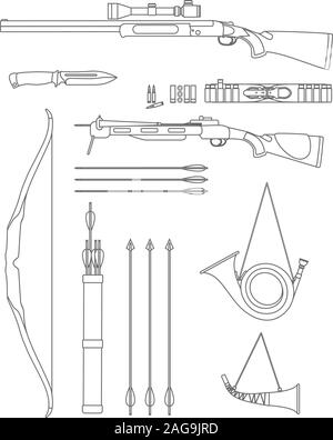 Set di sagome diverse armi da caccia e oggetti lineari piani icone vettoriali isolati su sfondo bianco. Illustrazione Vettoriale. Illustrazione Vettoriale