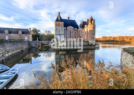 Francia, Loiret, la Bussiere, Chateau de la Bussiere Parco e giardini, il castello e il ponte sul laghetto in autunno // Francia, Loiret (45), La Bussière, p Foto Stock