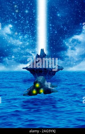 illustrazione di fantascienza con astronave e isola aliena che galleggia su un mare d'acqua Foto Stock