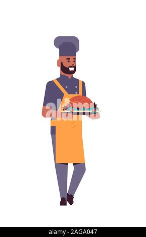 Maschio professionale chef cucinare tenendo il vassoio con pollo arrosto ristorante uomo lavoratore in uniforme piatto portante con il ringraziamento della Turchia di cottura degli alimenti concetto flat a piena lunghezza verticale illustrazione vettoriale Illustrazione Vettoriale