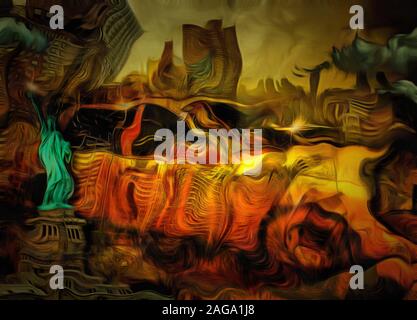 Pittura surreale. New York taxi. Statua della Libertà Foto Stock