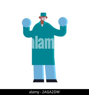 Voce maschile medico chirurgo indossando i guanti chirurgici maschera e abito verde della medicina il concetto di assistenza sanitaria ospedaliera ambulatorio medico americano africano lavoratore a lunghezza piena piatta illustrazione vettoriale Illustrazione Vettoriale