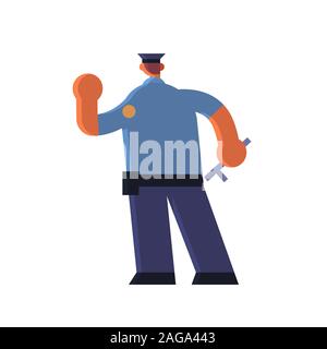 Maschio di funzionario di polizia tenendo la mano con il gesto di arresto poliziotto in uniforme stecco di presa di autorità di sicurezza giustizia legge concetto di servizio piatta lunghezza piena sfondo bianco illustrazione vettoriale Illustrazione Vettoriale