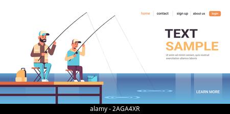 Cordiale il padre e il Figlio insieme di pesca da Pier uomo con little boy mediante aste seduto sul pontile in legno happy weekend in famiglia fisher hobby concetto acqua piatta con orizzonte di riferimento per tutta la lunghezza dello spazio copia illustrazione vettoriale Illustrazione Vettoriale