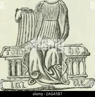 . Descrizione de l'abbaye du Mont Saint Michel et de ses abords : précédée d'une notice historique. 132. - Enseigne fare la Vierge Je Tombelaine (xve siècle). sont figurés par deux banderolles déroulées sur lesquelles sont tracés en relief ces mots : NOSTRE DAME DE TOMBELAINE. Ils sont reliés par deux archi surbaissés,ornés de redents entrelacés et surmontés par deux gables,entre lesquels est placé lanneau de la sospensione. PLOMBS DE PÈLERINAGE. - TOMBELAINE 373 au milieu de larcature, la Vierge, couronnée et nimbée,tient sur son bras gauche lEnfant Jésus, dont la tête nueest également nimbée. La tr Foto Stock