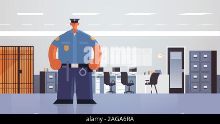 Officer pongono permanente poliziotto in uniforme di autorità di sicurezza giustizia legge concetto di servizio moderno reparto di polizia Ufficio piana interna piena lunghezza orizzontale illustrazione vettoriale Illustrazione Vettoriale