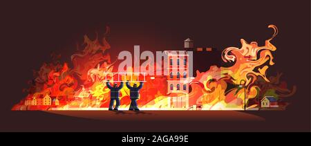 Vigili del fuoco coraggioso giovane portando la scaletta del team vigili del fuoco in uniforme di emergenza antincendio servizio antincendio estinguenti concetto casa in fiamme arancione sullo sfondo di fiamma a piena lunghezza orizzontale illustrazione vettoriale Illustrazione Vettoriale
