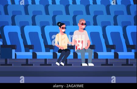 Paio di indossare gli occhiali 3D guardando film seduto nel cinema con popcorn e cola uomo donna avente data e ridere del nuovo piatto commedia piena lunghezza orizzontale illustrazione vettoriale Illustrazione Vettoriale