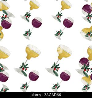 Acquerello seamless schema di ripetizione con set di partito bicchieri, illustrazione con bicchiere di vino e cocktail o un bicchiere di champagne Foto Stock