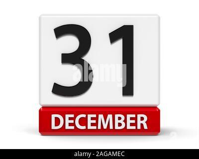 Rosso e bianco sull'icona del calendario dai cubi - Trenta prima di dicembre - su un tavolo bianco - Capodanno, tridimensionale, rendering 3D illustratio Foto Stock