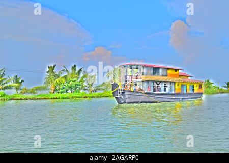 HDR Pittura di case galleggianti e il Kerala Backwaters Foto Stock