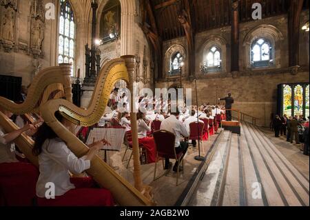 H.M. La regina con il principe Carlo e la Duchessa di Cambridge frequentando il pranzo nella Westminster Hall di Londra con 700 ospiti il giorno finale della sua Diamond celebrazioni giubilari intrattenuti dal National Orchestra dei bambini.Gli ospiti abbiamo cenato sul salmone, seguita da agnello gallese, grigliate Isle of Wight asparagi, Jersey Royal le patate e il cioccolato delice, il budino di pane e burro e bacche Frutta sciroppata con salsa di mele. Foto Stock