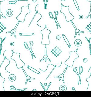 Vector pattern seamless manichino, forbici, ago, pin, pulsanti, cerniera su sfondo bianco. Gli strumenti di taglio e cucito. Sarto. Atelier di cucito Sartoria wor Illustrazione Vettoriale