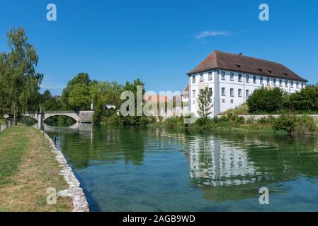 Panorama sul Reno con ex monastero del Monastero di Rheinau, Canton Zurigo, Svizzera, Europa Foto Stock