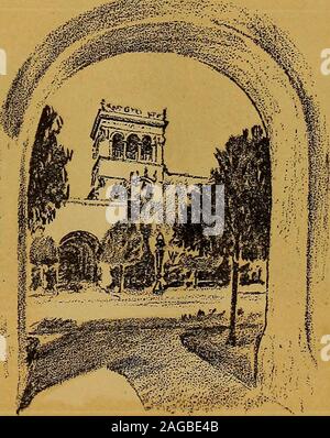 . Il 1916 exposition in bianco e nero; essendo una serie di disegni a matita del Panama California esposizione internazionale, 1916. •YHE ESTERI PALAZZO DELLE ARTI, dalla Plaza- con uno sguardo fino al Prado verso la Porta Est,o ingresso principale per i motivi. Questo edificio con-tains mostre d'Italia, la Spagna, la Persia, Germania andJapan. La mostra di marmi italiani è molto attrac-tivo, come è anche la galleria di spagnola contemporanea di vernice-rali, ottenendo un inusuale opportunità per gli Americani tostudy i lavori di alcuni dei migliori artisti del sole della Spagna. XHE PAN-PACIFIC TOWER visto attraverso l'arco Foto Stock