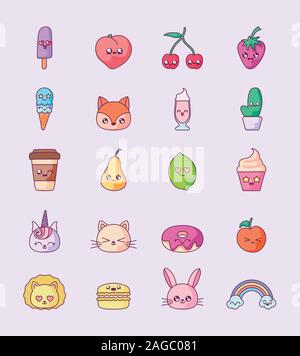 Cartoni animati icon set design, Kawaii espressione carattere simpatico e divertente il tema di emoticon illustrazione vettoriale Illustrazione Vettoriale