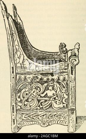 . La Scandinavia sociale nell'età dei Vichinghi. Fig. 10. Sedia intagliato, BackView. (Da Du Chaillus Vik-ing età. Copyright 1889. Pub-fissate da Charles Scribners Sons.) 146 SCANDINAVIA SOCIALE NELL'Età dei Vichinghi. Fig. 11. Vista laterale della sedia di Fig. 10. (Da Du Chaillus VikingAge. Copyright 1889. Pubblicato da Charles Scribners Sons.) appena di fronte alla seduta alta sull'altra piattaforma wasusually occupata da più ospiti onorati; e se therewas un palco alla fine della stanza, la sede che occupa la posizione themiddle su di essa sembra essere stato terzo inrank in camera.I migliori posti a sedere nella sala grander Foto Stock