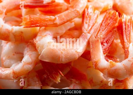 Sbucciate gamberi bolliti decapitati close-up. Fresche Gamberetti rosa Gamberetti langoustine, cibo sfondo sfondo. Una sana a basso contenuto calorico di pesce di proteina Foto Stock