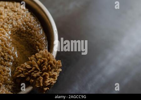 Raw trippa di manzo in una ciotola di metallo con acqua sulla sinistra. Sulla destra, spazio libero su uno sfondo scuro. Close-up. Messa a fuoco selettiva. Foto Stock