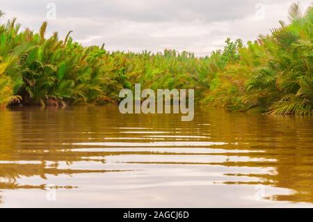 Un'immagine ad angolo basso di un lago sporco circondato da un paesaggio verde sotto il cielo nuvoloso Foto Stock