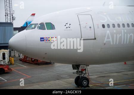 Copenaghen, Danimarca - Novembre 24th, 2018: SAS Airbus A340 al gate di partenza di Copenhagen Kastrup Airport prima di partire per gli Stati Uniti Foto Stock