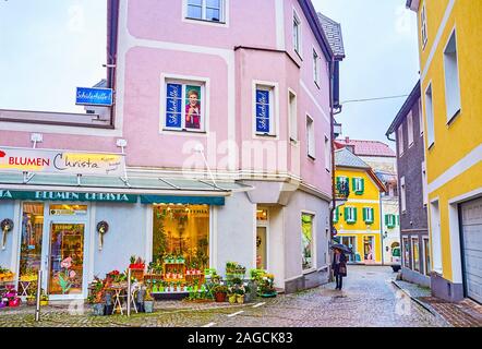 GMUNDEN, Austria - 22 febbraio 2019: il piccolo negozio di fiori con varietà di piante in fiore in vasi e situato nel quartiere storico della città, o Foto Stock