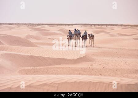Cammelli caravan andando nel deserto del Sahara in Tunisia, Africa. I turisti di marcia il cammello safari. Camel caravan andando attraverso le dune di sabbia nel deserto del Sahara Des Foto Stock