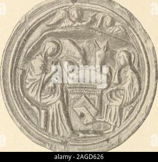 . Objets d'art et de haute curiosité de l'antiquité, du Moyen Age et de la Renaissance. sur ses deux facce. Sur laface principale, que borde une frise décorée dune iscrizione grecque, onaperçoit, inscrit dans une étoile à huit rayons, le buste de la Vierge de face,les mains étendues dans latitude des Orantes, ayant devant elle lEnfantJésus représente également en buste. Des inscriptions abrégées, tracées sur fond, désignent les deux persona-^ nages. Au revers, sont sculptées trois figure de Santi, debout,placées Tune à côté de lautre,désignées par une inscriptiondevenue illisible par suite Foto Stock