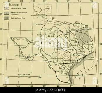 . La geografia del Texas, fisico e politico. l è maggio, Sep-tember essendo al di sotto della media. La stagione delle piogge besaid può estendersi da aprile ad agosto. Nella parte superiore di Fig. 25 sono due diagrammi illus-trating la distribuzione tipica di pioggia in Trans-PecosTexas. Questo è stato chiamato dal generale Greely theMexican tipo di pioggia. In questi, particulaily in thediagram per Fort Davis, ottenuti da ventisei yearsobservations, la pioggia è visto aumenta regolarmente fromFebruary ad agosto e poi a diminuire rapidamente a theend dell'anno. La maggior parte dell'precipitationoccurs duri Foto Stock