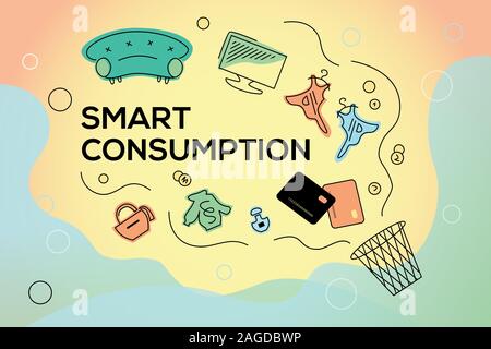 Illustrazione Vettoriale di consumo smart, acquisto shopping con benefici sostenibili. Cestino con le cose: carte, divano, vestiti, profumo, borsa Illustrazione Vettoriale