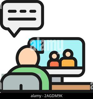 Uomo che parla ai tuoi amici in video conferenza web schermo piatto a colori icona linea. Illustrazione Vettoriale