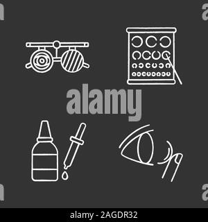 Oftalmologia chalk set di icone. Esame occhiali, Landolt grafico, gocce per gli occhi ed il gocciolatore, la lente a contatto. Vettore isolato illustrazioni della lavagna Illustrazione Vettoriale