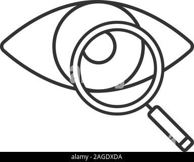 Occhio con lente di ingrandimento icona lineare. Linea sottile illustrazione. Prova dell'occhio. Esame visivo. Simbolo di contorno. Il vettore isolato disegno di contorno Illustrazione Vettoriale