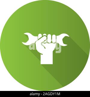 Mano che tiene la chiave design piatto lungo ombra glifo icona. Doppie chiavi a forchetta. Vettore illustrazione silhouette Illustrazione Vettoriale