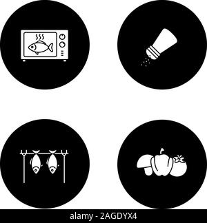 Barbecue glifo set di icone. Il barbecue. Grigliate di pesce nel forno a microonde, il sale o il pepe shaker, verdure, stoccafisso. Vettore silhouette bianca illustrazioni in blac Illustrazione Vettoriale