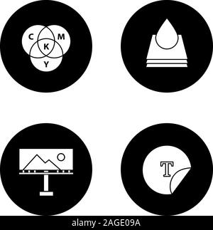 Glifo Stampa set di icone. Polygraphy e la tipografia. Colore CMYK modello di cerchio, goccia di vernice e carta, affissioni, tondo adesivo. Vettore silhouette bianca Illustrazione Vettoriale